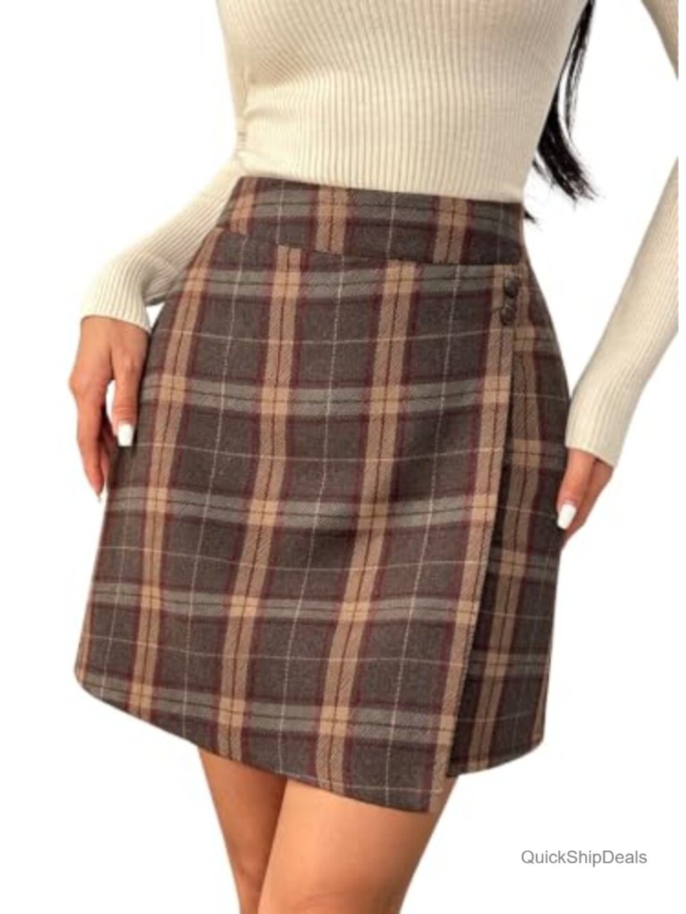 Plaid Mini Skirt Elastic Waist A-Line Button Decor Wrap Hem